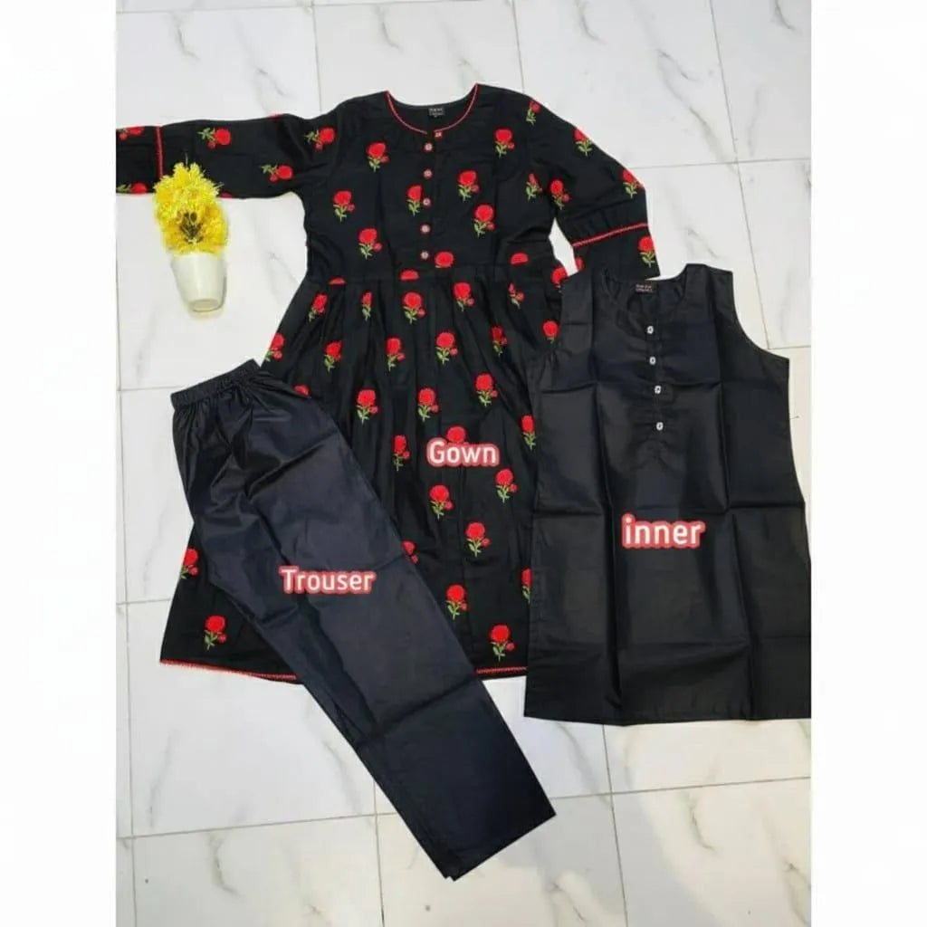 Black Silk Embroidered Women's Kurta Set with Trouser & Inner Frock