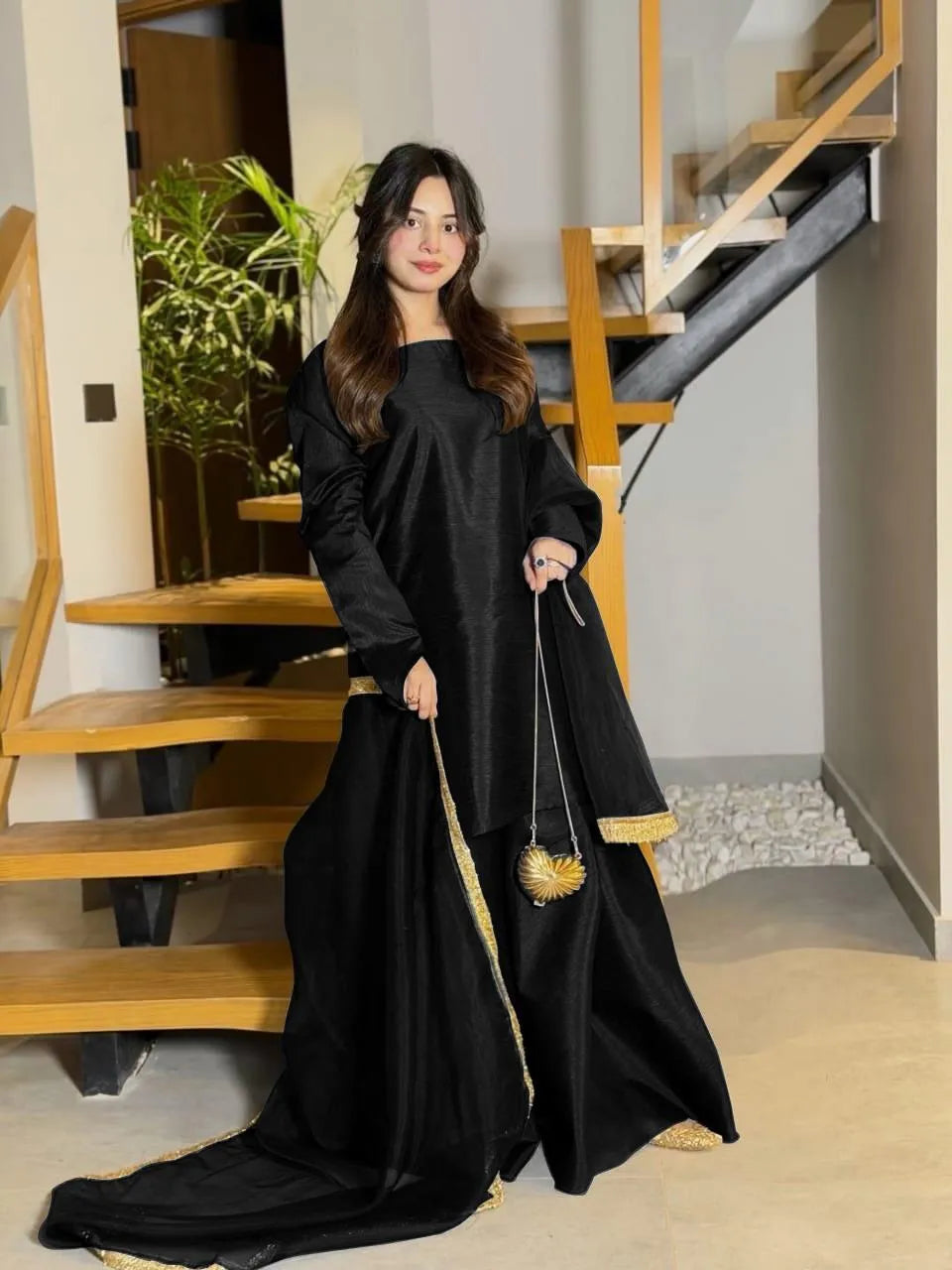 Black Long Flare Sharara Set with Lace Dupatta