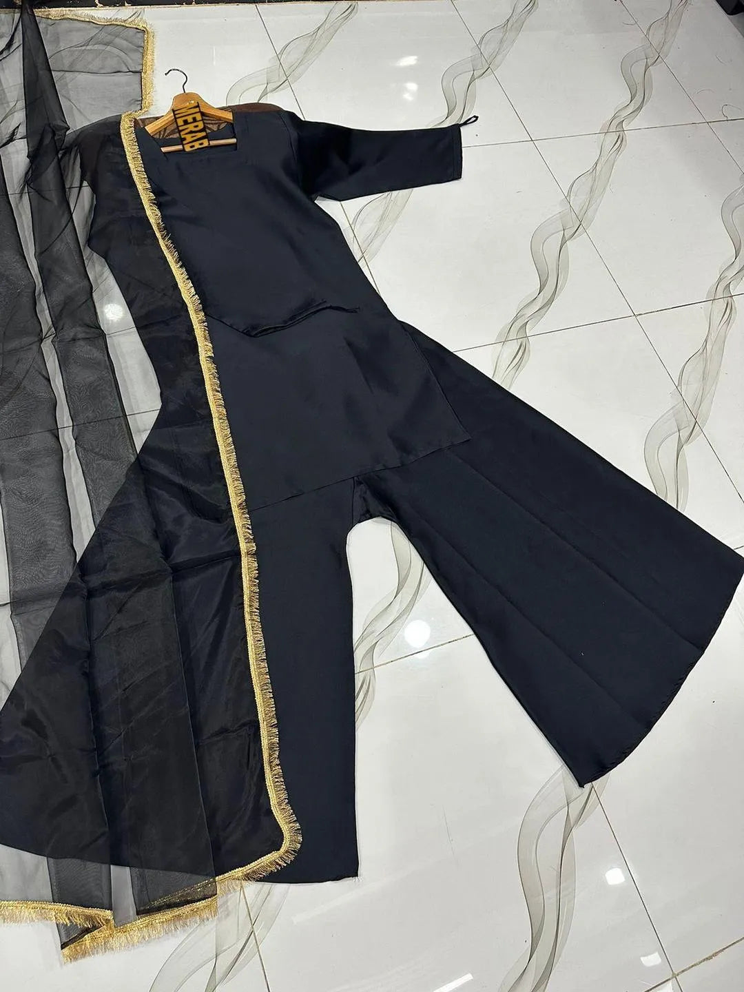 Black Long Flare Sharara Set with Lace Dupatta