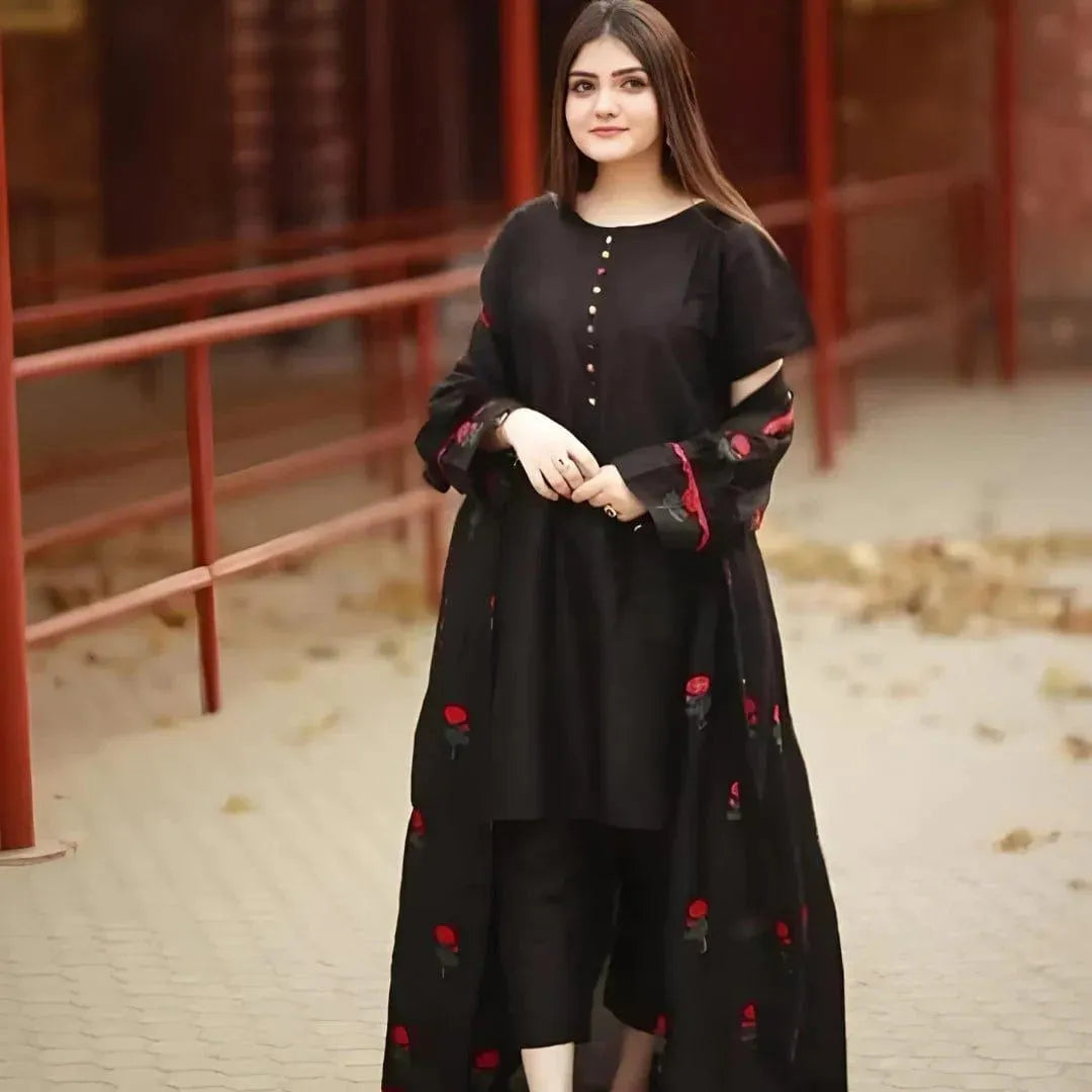 Black Silk Embroidered Women's Kurta Set with Trouser & Inner Frock